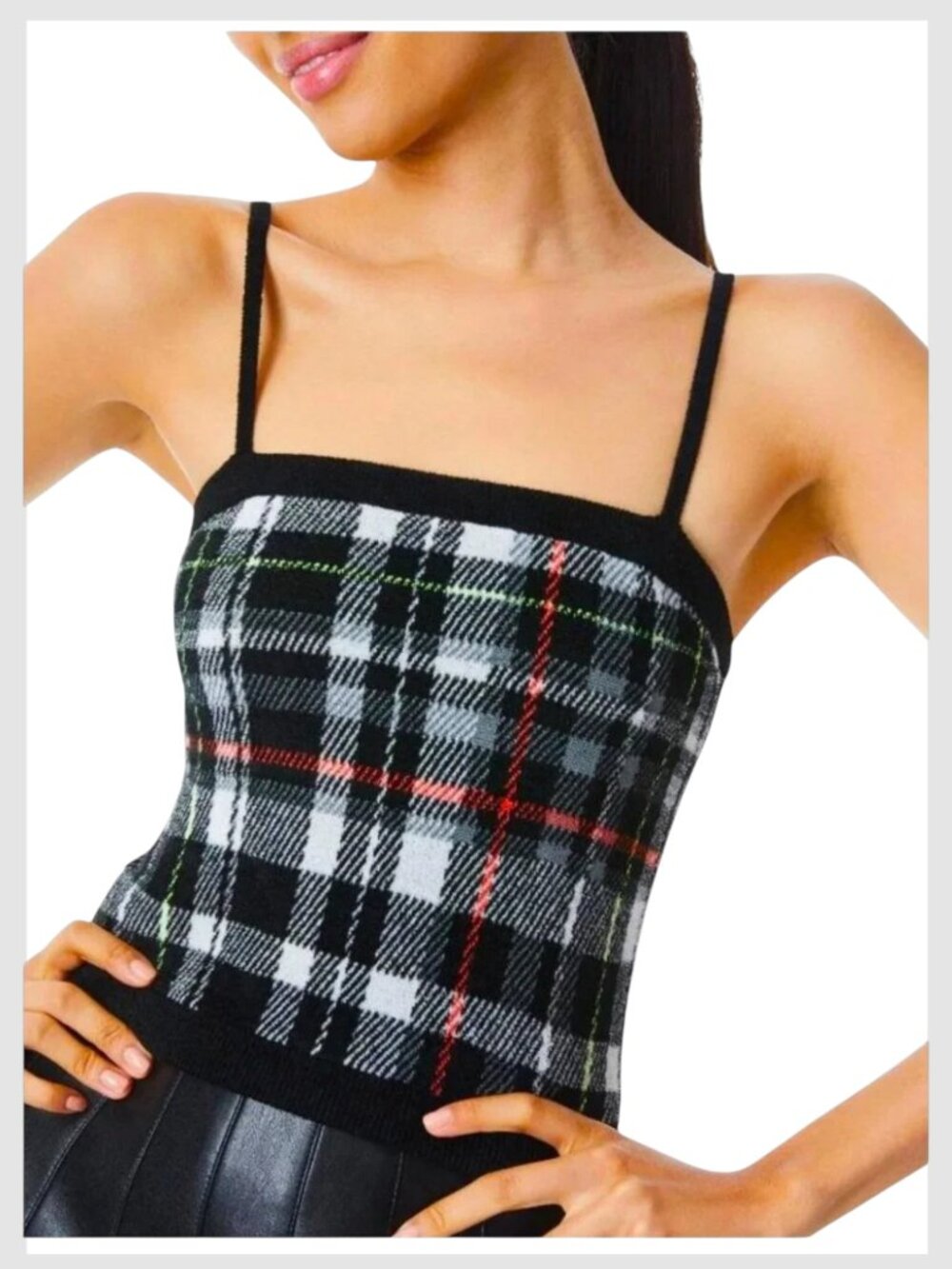Alice + Olivia Alison Plaid Knit Crop Tank Black Red XS